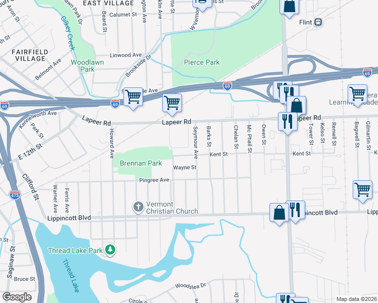 map of restaurants, bars, coffee shops, grocery stores, and more near 1840 Seymour Avenue in Flint