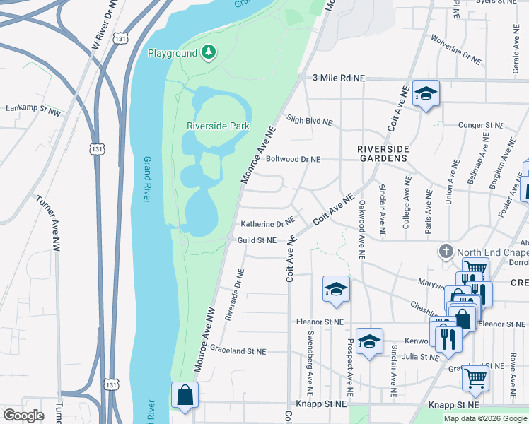 map of restaurants, bars, coffee shops, grocery stores, and more near 117 Pershing Drive Northeast in Grand Rapids