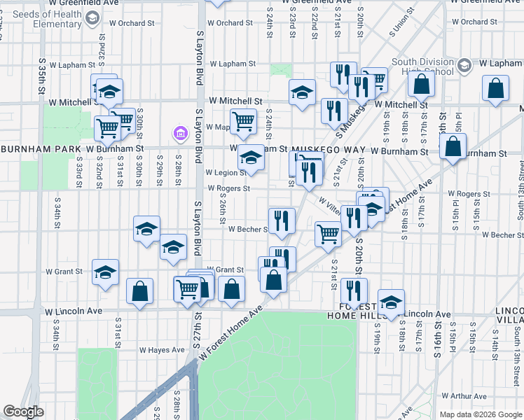 map of restaurants, bars, coffee shops, grocery stores, and more near 2016 South 24th Street in Milwaukee