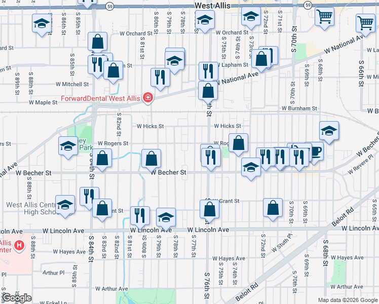 map of restaurants, bars, coffee shops, grocery stores, and more near 7727 West Rogers Street in West Allis