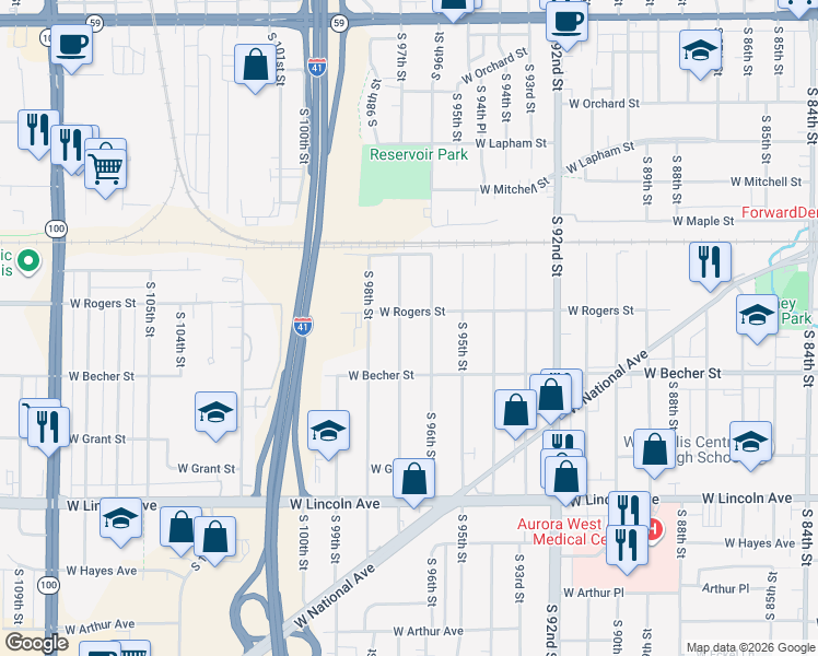 map of restaurants, bars, coffee shops, grocery stores, and more near 2001 South 97th Street in West Allis