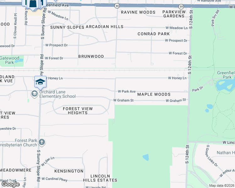map of restaurants, bars, coffee shops, grocery stores, and more near 13110 West Park Avenue in New Berlin