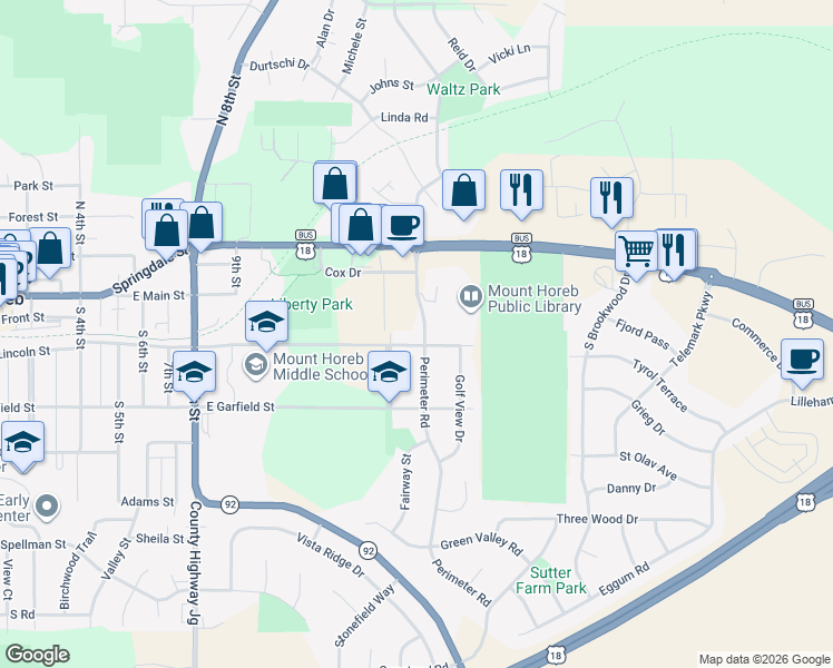 map of restaurants, bars, coffee shops, grocery stores, and more near 1304 East Lincoln Street in Mount Horeb