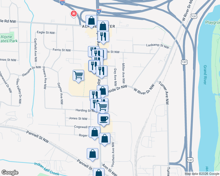 map of restaurants, bars, coffee shops, grocery stores, and more near 2425 Hufford Avenue Northwest in Walker