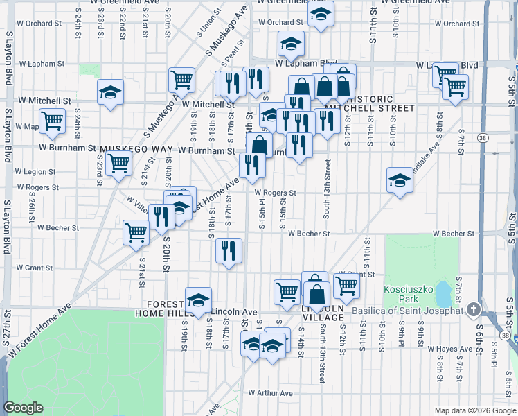 map of restaurants, bars, coffee shops, grocery stores, and more near 2012 South 16th Street in Milwaukee