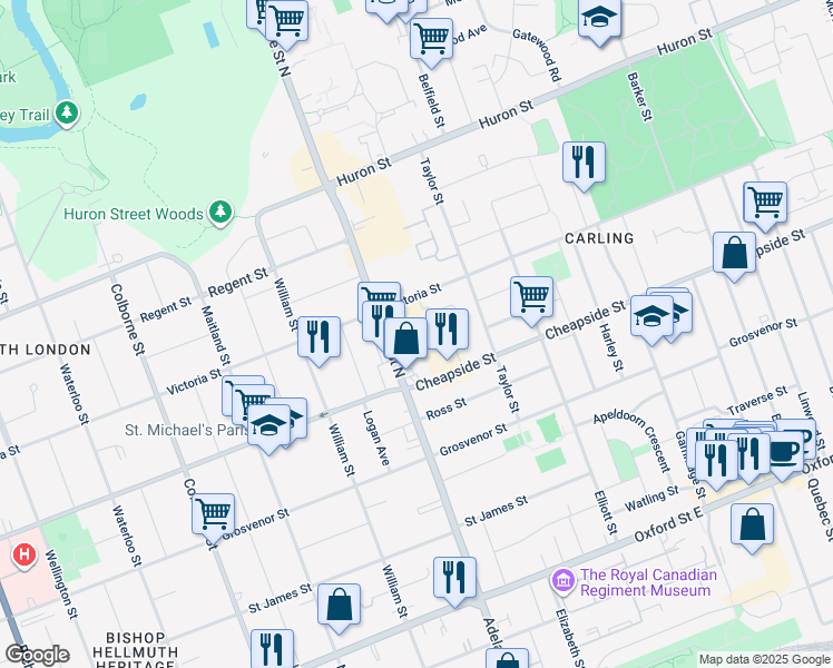 map of restaurants, bars, coffee shops, grocery stores, and more near 639 Victoria Street in London