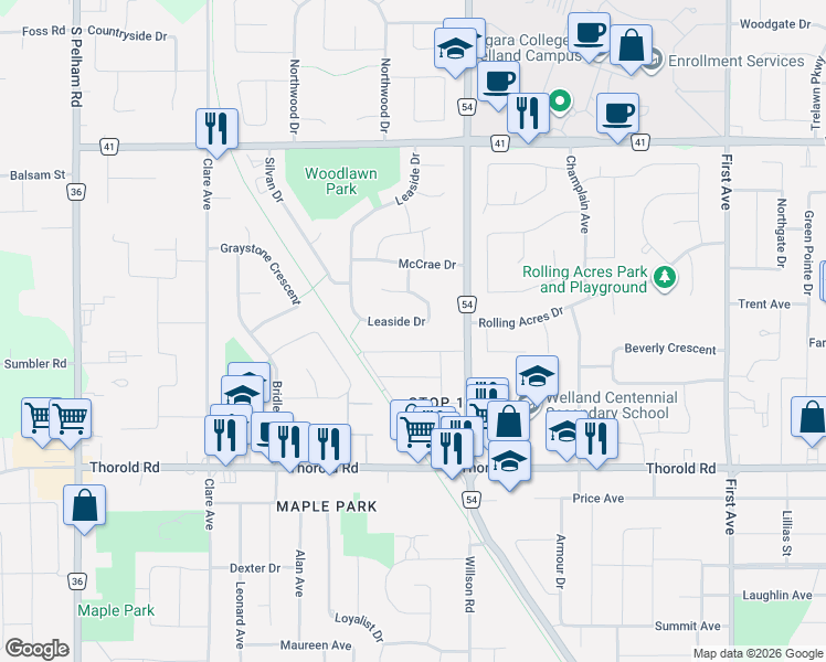 map of restaurants, bars, coffee shops, grocery stores, and more near 206 Leaside Drive in Welland