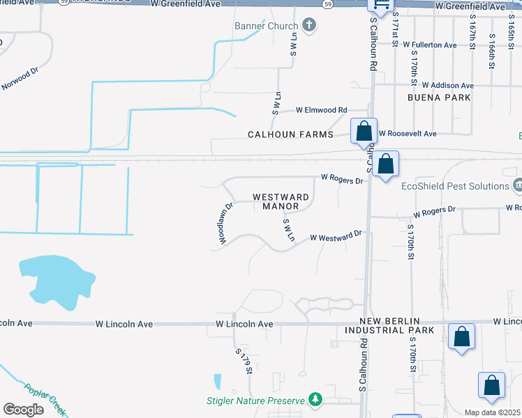 map of restaurants, bars, coffee shops, grocery stores, and more near 17732 West Elger Court in New Berlin