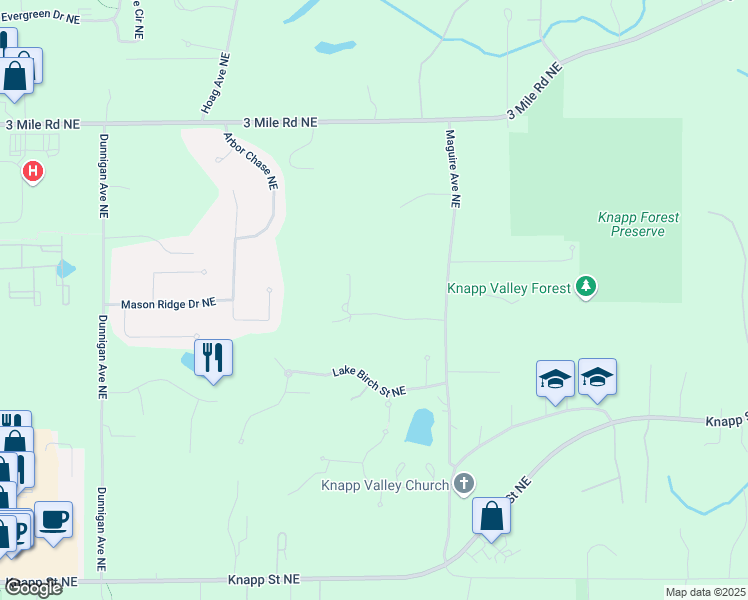 map of restaurants, bars, coffee shops, grocery stores, and more near 3895 Clearing Way Northeast in Grand Rapids