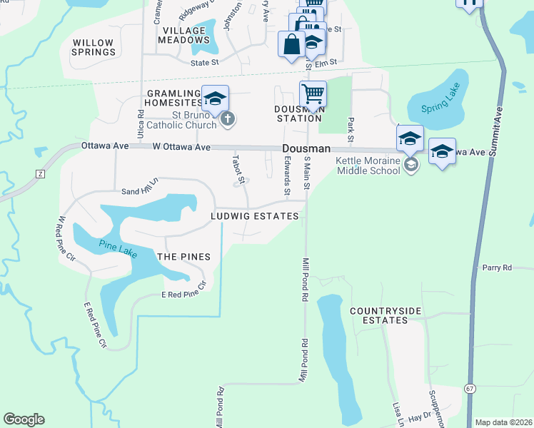 map of restaurants, bars, coffee shops, grocery stores, and more near 290 Tabot Street in Dousman