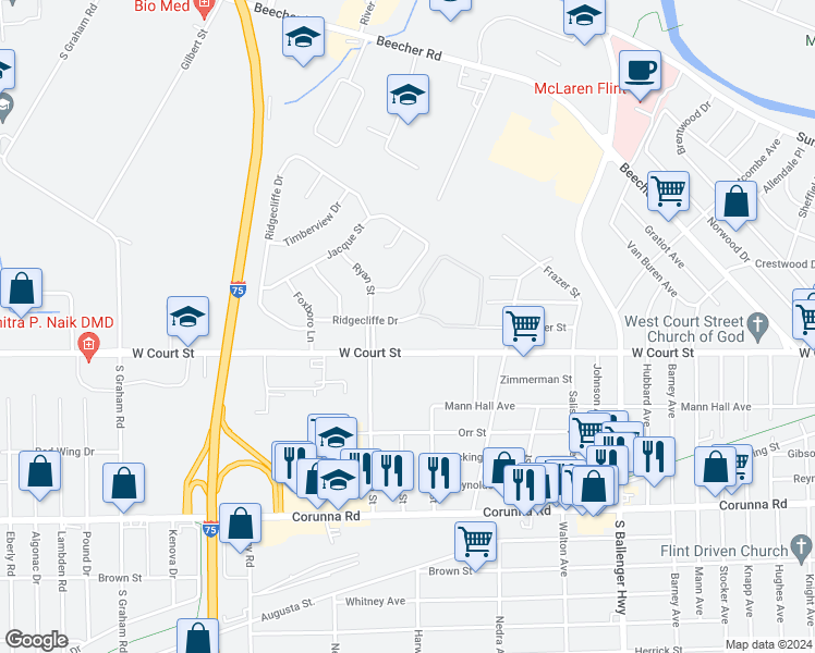 map of restaurants, bars, coffee shops, grocery stores, and more near 1801 Ridgecliffe Drive in Flint