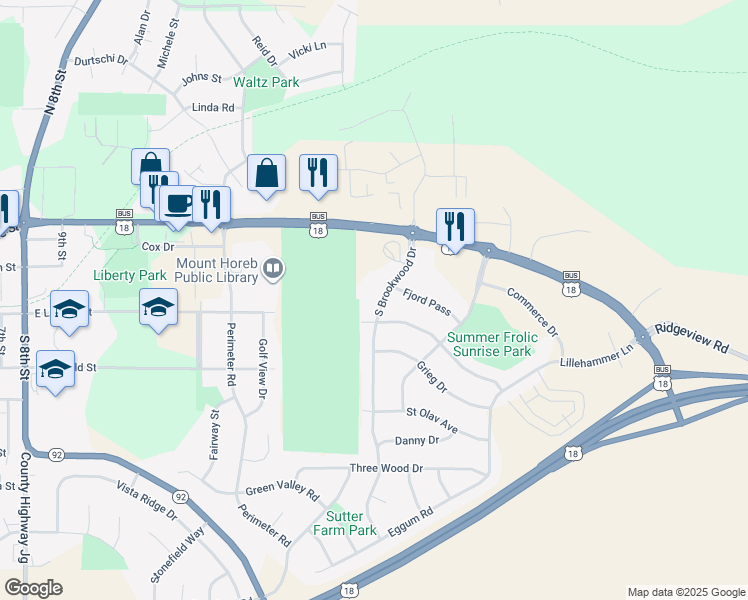 map of restaurants, bars, coffee shops, grocery stores, and more near 200 South Brookwood Drive in Mount Horeb