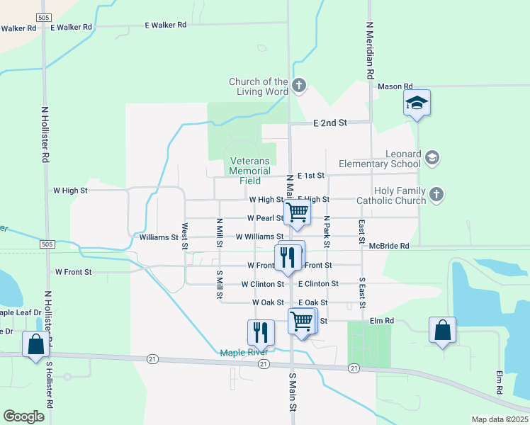 map of restaurants, bars, coffee shops, grocery stores, and more near 141 West High Street in Ovid