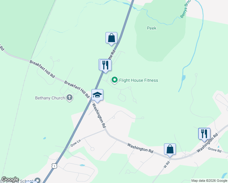map of restaurants, bars, coffee shops, grocery stores, and more near Airfield Road in Rye