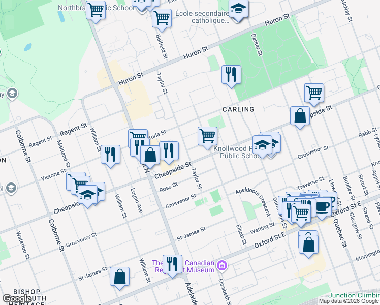 map of restaurants, bars, coffee shops, grocery stores, and more near 686 Strathmeyer Street in London