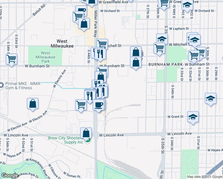 map of restaurants, bars, coffee shops, grocery stores, and more near 4101 West Burnham Street in Milwaukee
