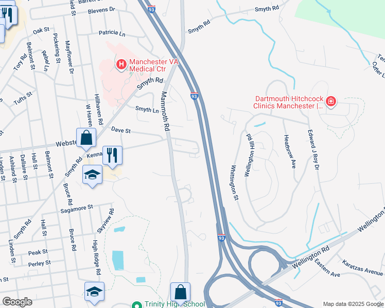 map of restaurants, bars, coffee shops, grocery stores, and more near 411A Kennard Road in Manchester