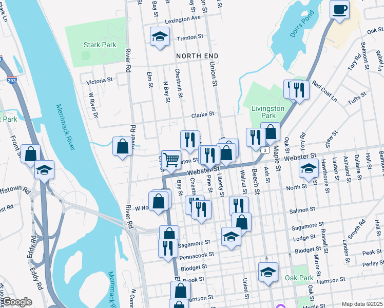 map of restaurants, bars, coffee shops, grocery stores, and more near 831 Chestnut Street in Manchester