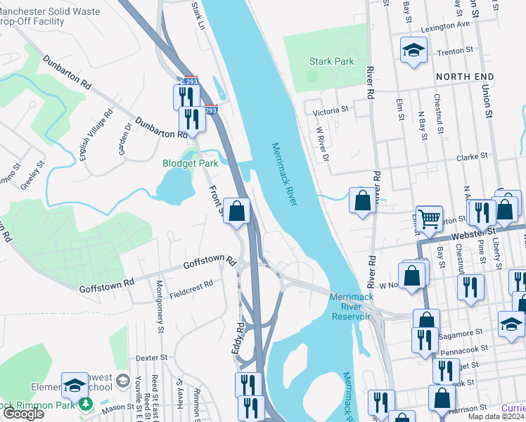 map of restaurants, bars, coffee shops, grocery stores, and more near 55 Riverfront Drive in Manchester
