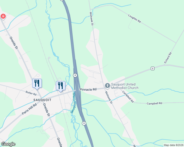 map of restaurants, bars, coffee shops, grocery stores, and more near Pine Circle in Sauquoit
