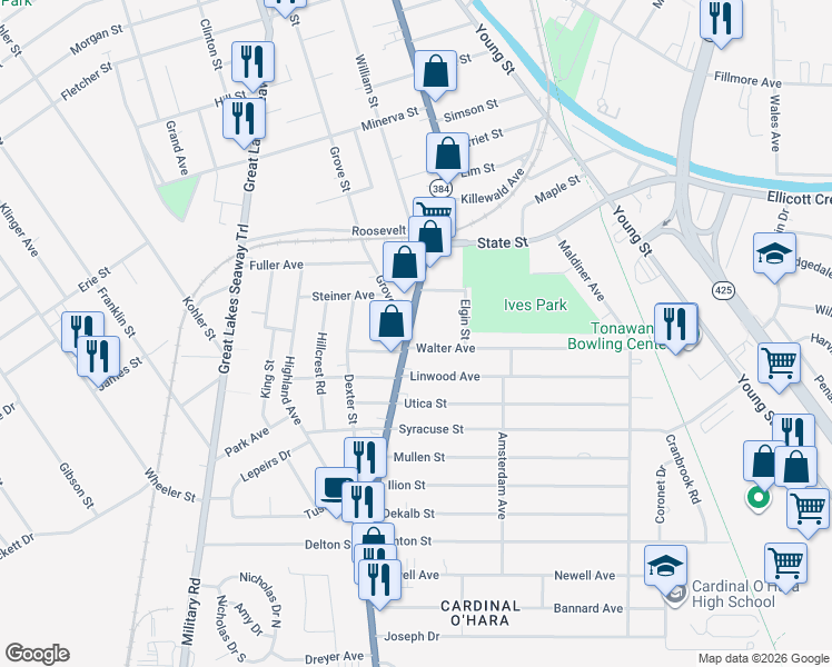 map of restaurants, bars, coffee shops, grocery stores, and more near 409 Delaware Street in Tonawanda