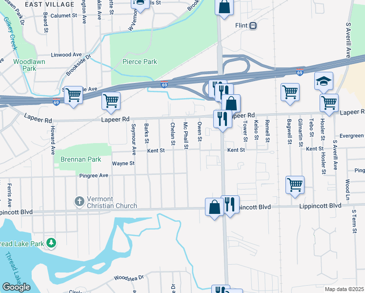 map of restaurants, bars, coffee shops, grocery stores, and more near 1843 Chelan Street in Flint