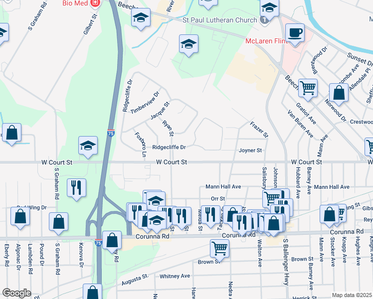 map of restaurants, bars, coffee shops, grocery stores, and more near 3234 Ridgecliffe Drive in Flint