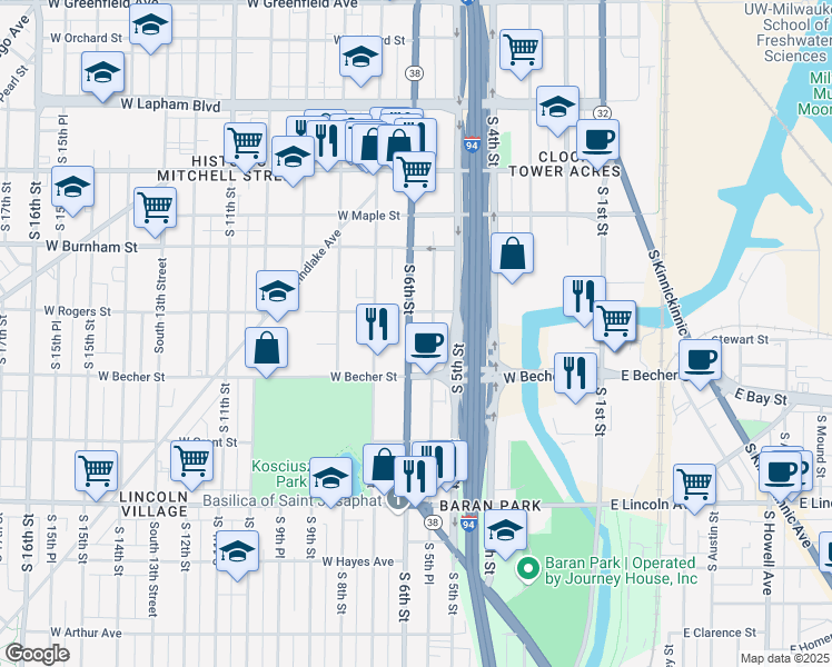 map of restaurants, bars, coffee shops, grocery stores, and more near 2005 South 5th Place in Milwaukee