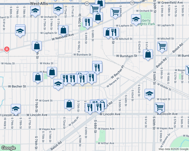 map of restaurants, bars, coffee shops, grocery stores, and more near 2000 South 68th Street in West Allis