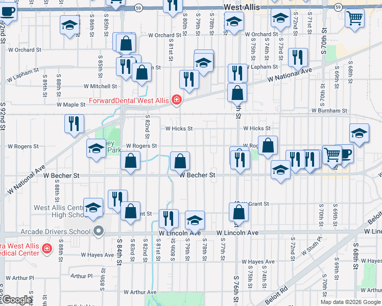 map of restaurants, bars, coffee shops, grocery stores, and more near 7827 West Rogers Street in West Allis