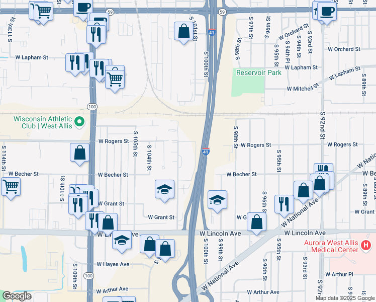map of restaurants, bars, coffee shops, grocery stores, and more near 2014 South 102nd Street in West Allis
