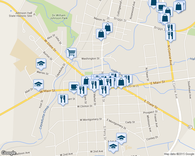map of restaurants, bars, coffee shops, grocery stores, and more near 10 West Green Street in Johnstown