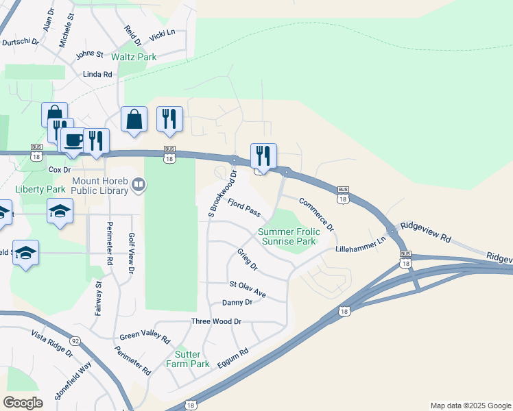 map of restaurants, bars, coffee shops, grocery stores, and more near 1820 Fjord Pass in Mount Horeb
