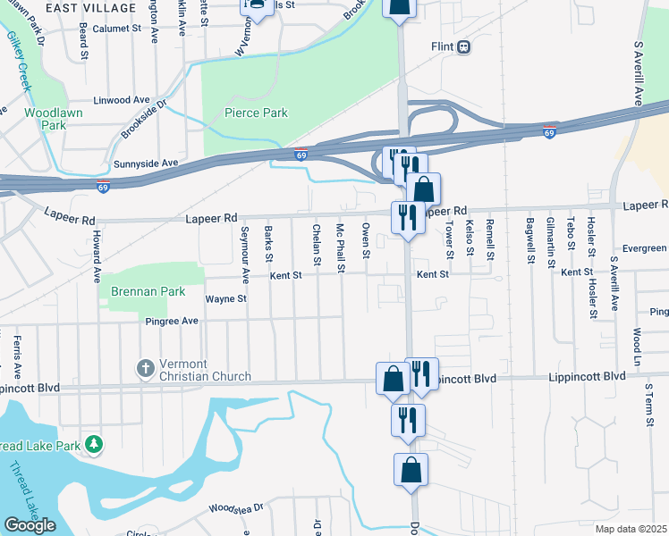 map of restaurants, bars, coffee shops, grocery stores, and more near 1843 Chelan Street in Flint