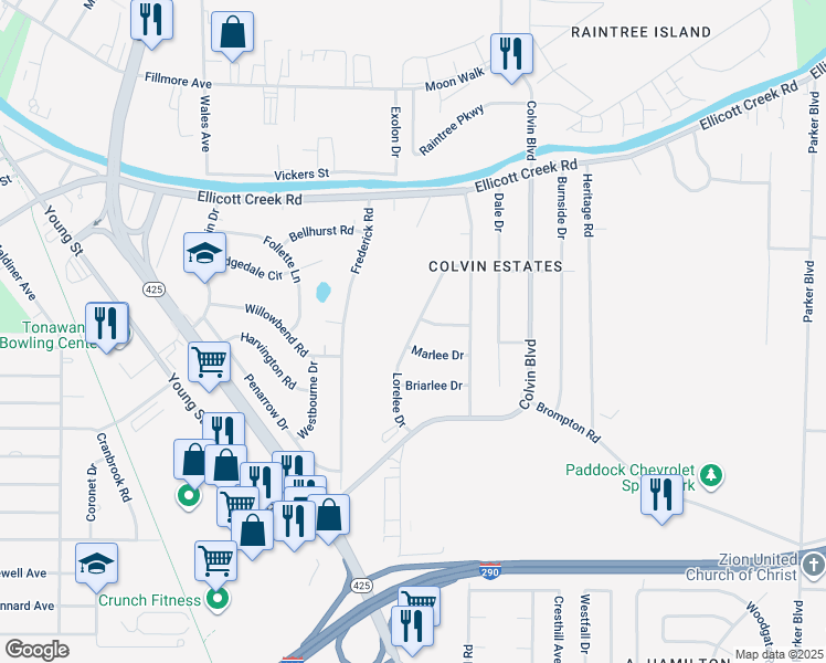 map of restaurants, bars, coffee shops, grocery stores, and more near 110 Lorelee Drive in Tonawanda