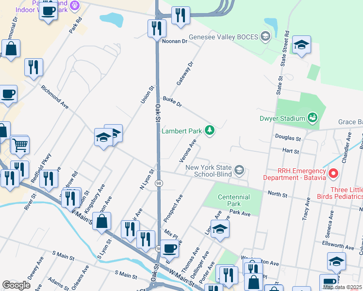 map of restaurants, bars, coffee shops, grocery stores, and more near 11 Pickthorn Drive in Batavia