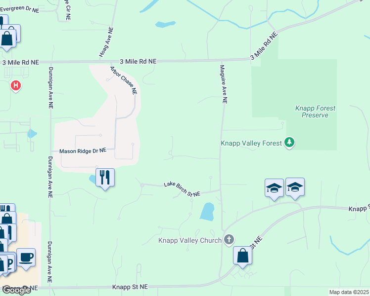 map of restaurants, bars, coffee shops, grocery stores, and more near 3895 Clearing Way Northeast in Grand Rapids