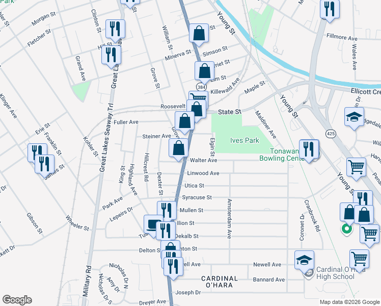 map of restaurants, bars, coffee shops, grocery stores, and more near 409 Delaware Street in Tonawanda