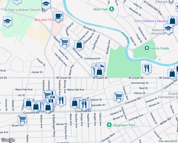 map of restaurants, bars, coffee shops, grocery stores, and more near 3026 Beecher Road in Flint