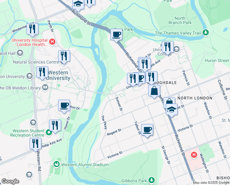 map of restaurants, bars, coffee shops, grocery stores, and more near University Drive & Sunset Drive in London
