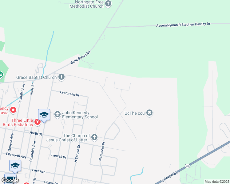 map of restaurants, bars, coffee shops, grocery stores, and more near 215 Naramore Drive in Batavia