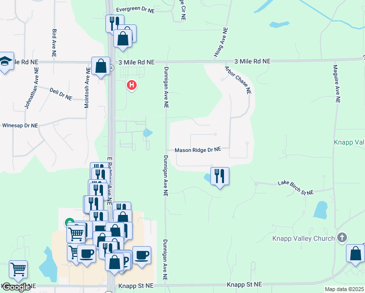 map of restaurants, bars, coffee shops, grocery stores, and more near 3419 Mason Ridge Drive Northeast in Grand Rapids