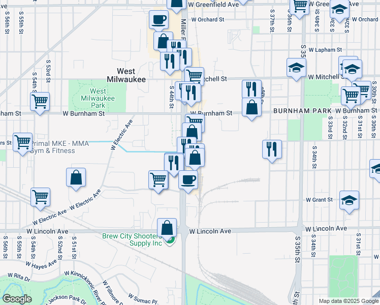 map of restaurants, bars, coffee shops, grocery stores, and more near 402 South 43rd Street in West Milwaukee