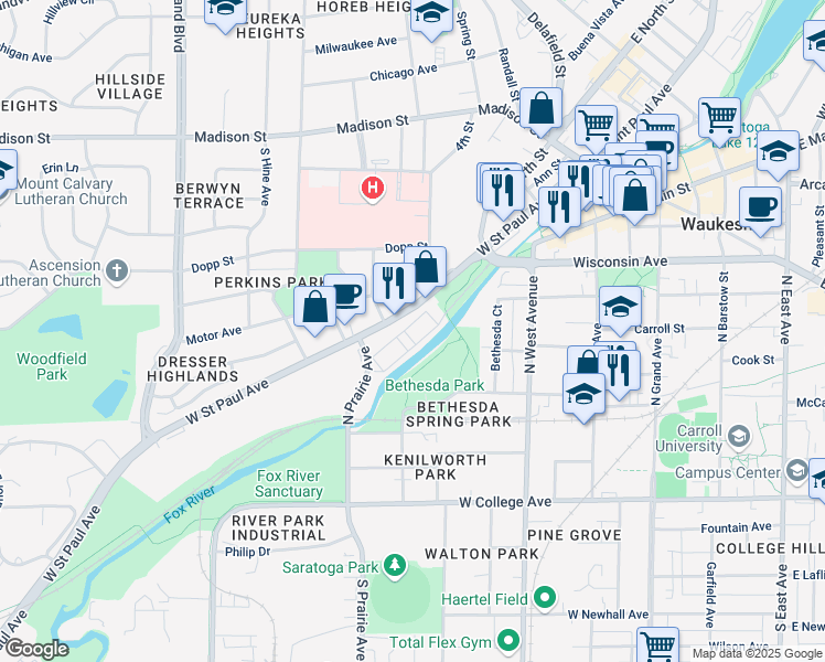 map of restaurants, bars, coffee shops, grocery stores, and more near 804 Riverwalk Drive in Waukesha