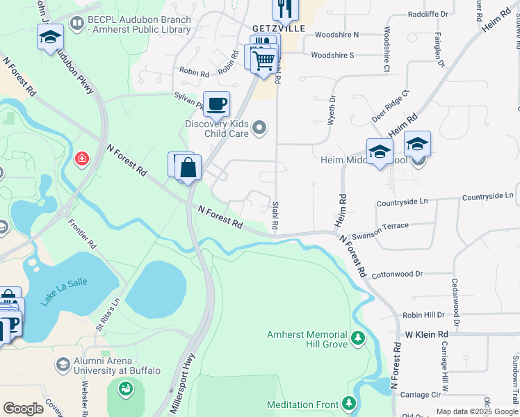 map of restaurants, bars, coffee shops, grocery stores, and more near 50 Stahl Road in Getzville