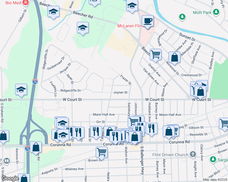 map of restaurants, bars, coffee shops, grocery stores, and more near 863 Tacken Street in Flint