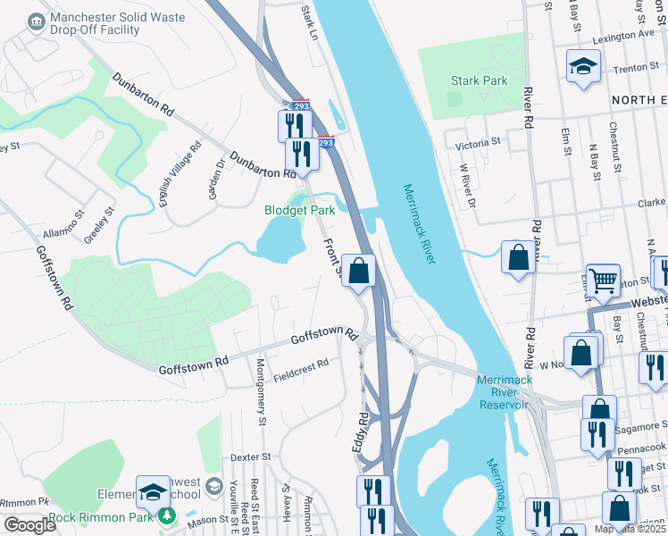 map of restaurants, bars, coffee shops, grocery stores, and more near 350 Front Street in Manchester