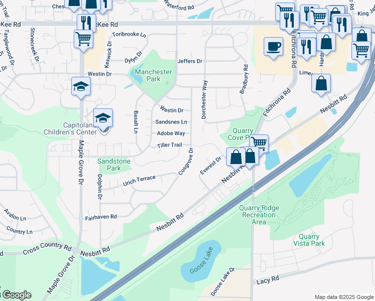 map of restaurants, bars, coffee shops, grocery stores, and more near 3806 Cosgrove Drive in Madison
