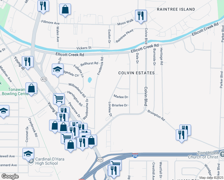 map of restaurants, bars, coffee shops, grocery stores, and more near 110 Lorelee Drive in Tonawanda