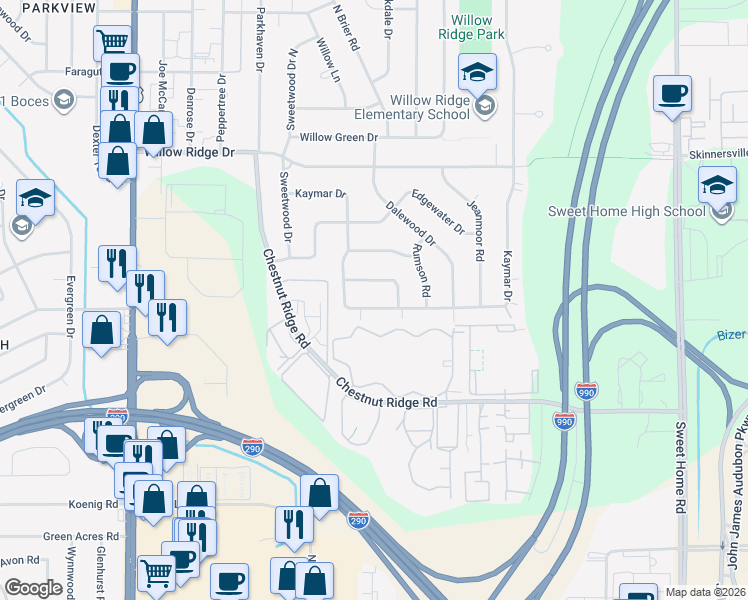 map of restaurants, bars, coffee shops, grocery stores, and more near 214 Kaymar Drive in Buffalo